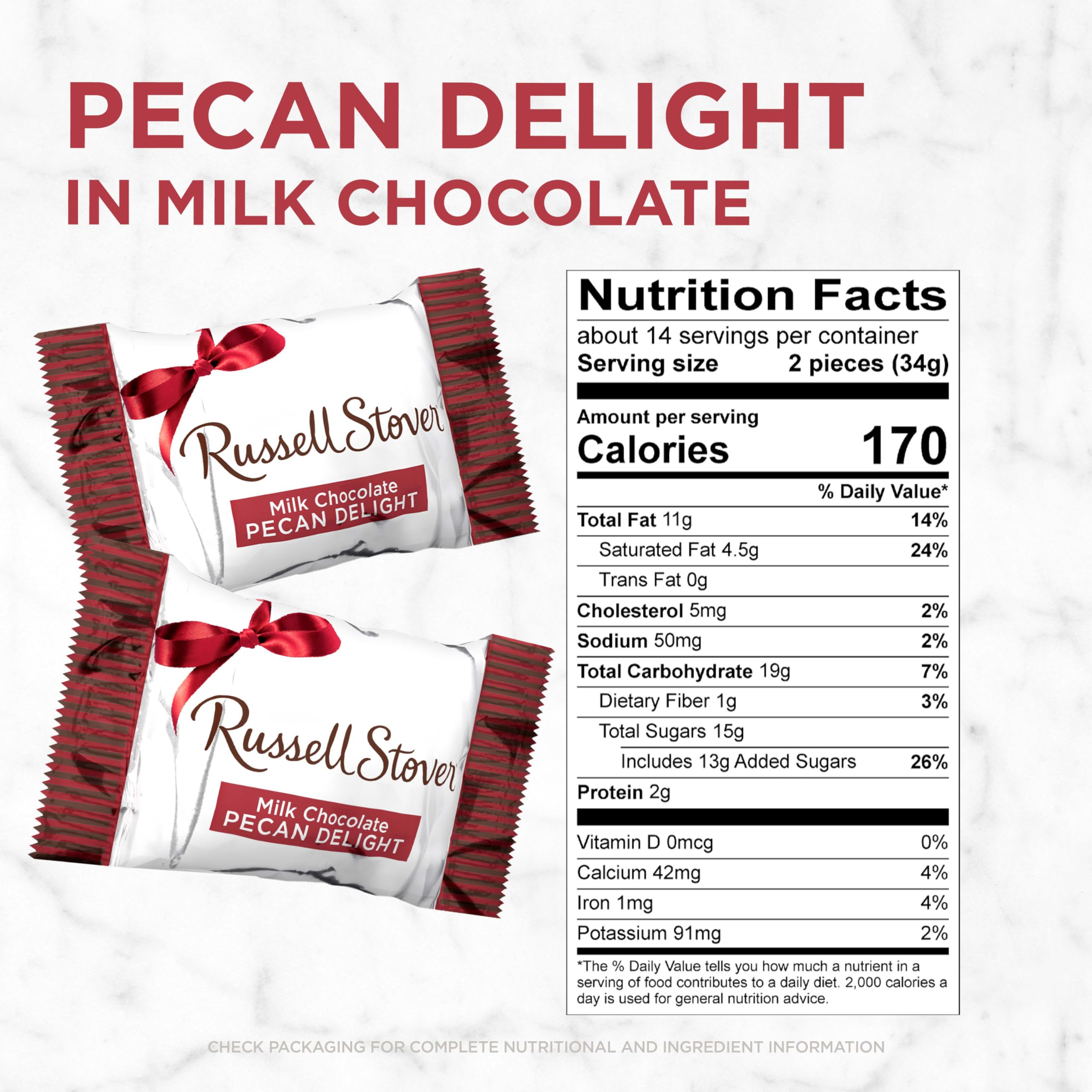 Russell Stover milk chocolate pecans close-up shows creamy coating