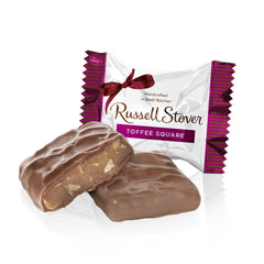 Russell Stover milk chocolate toffee squares individually wrapped for easy gifting.
