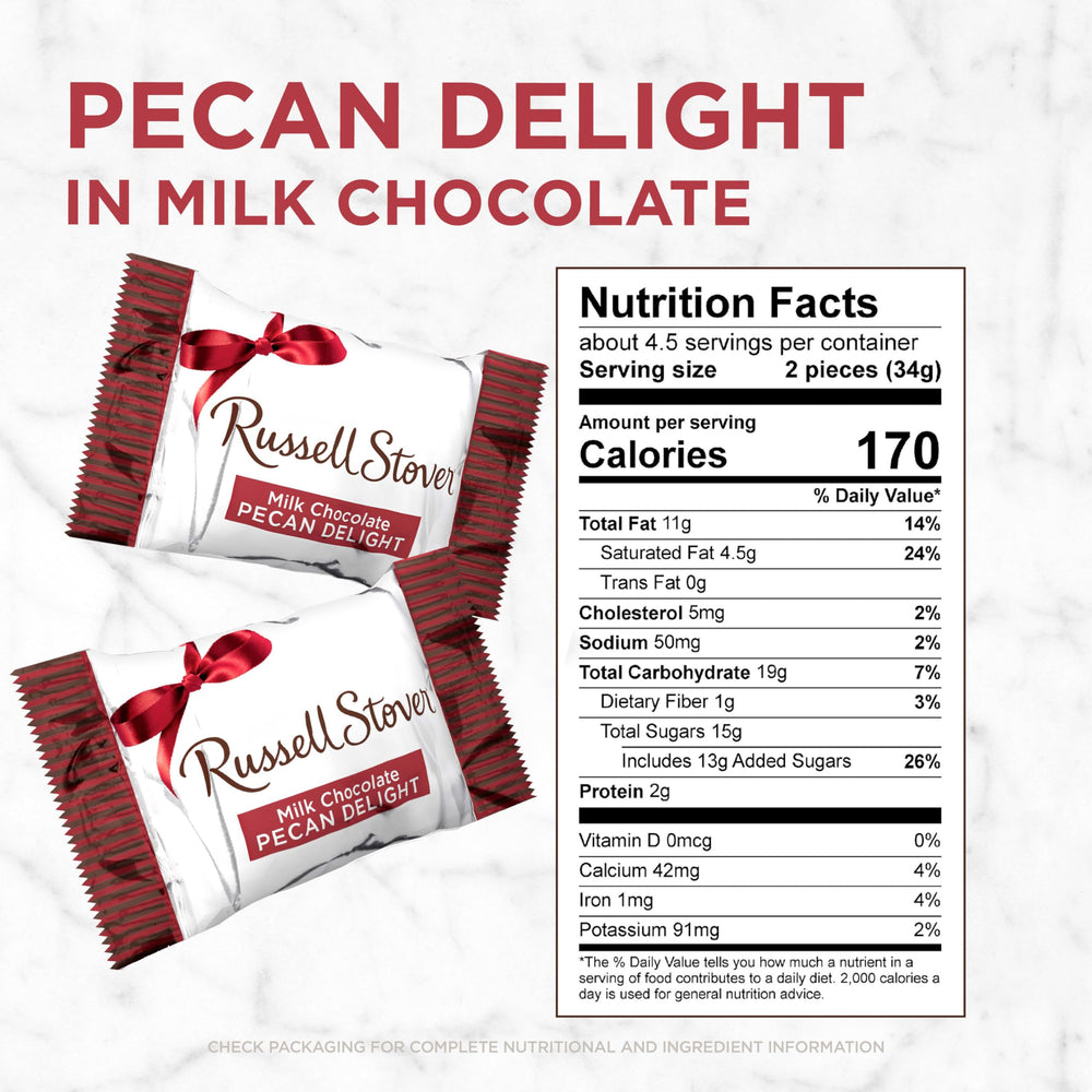 Close-up of pecan delights showing crunchy pecans, caramel, and milk chocolate.