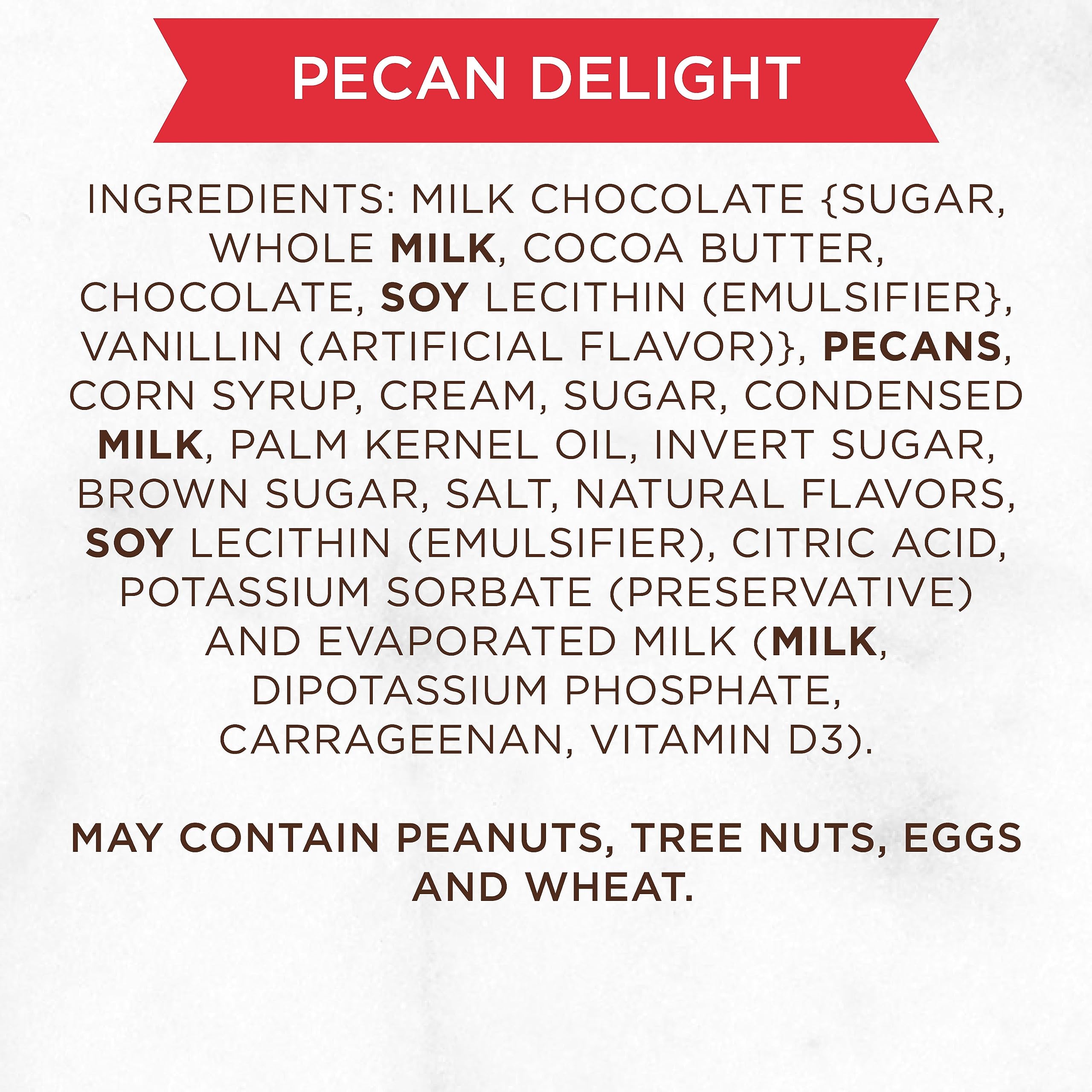 Caramel center with silky milk chocolate in Russell Stover Pecan Delight for a smooth bite