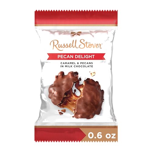 Milk chocolate coating on Russell Stover Pecan Delight pecan and caramel bite