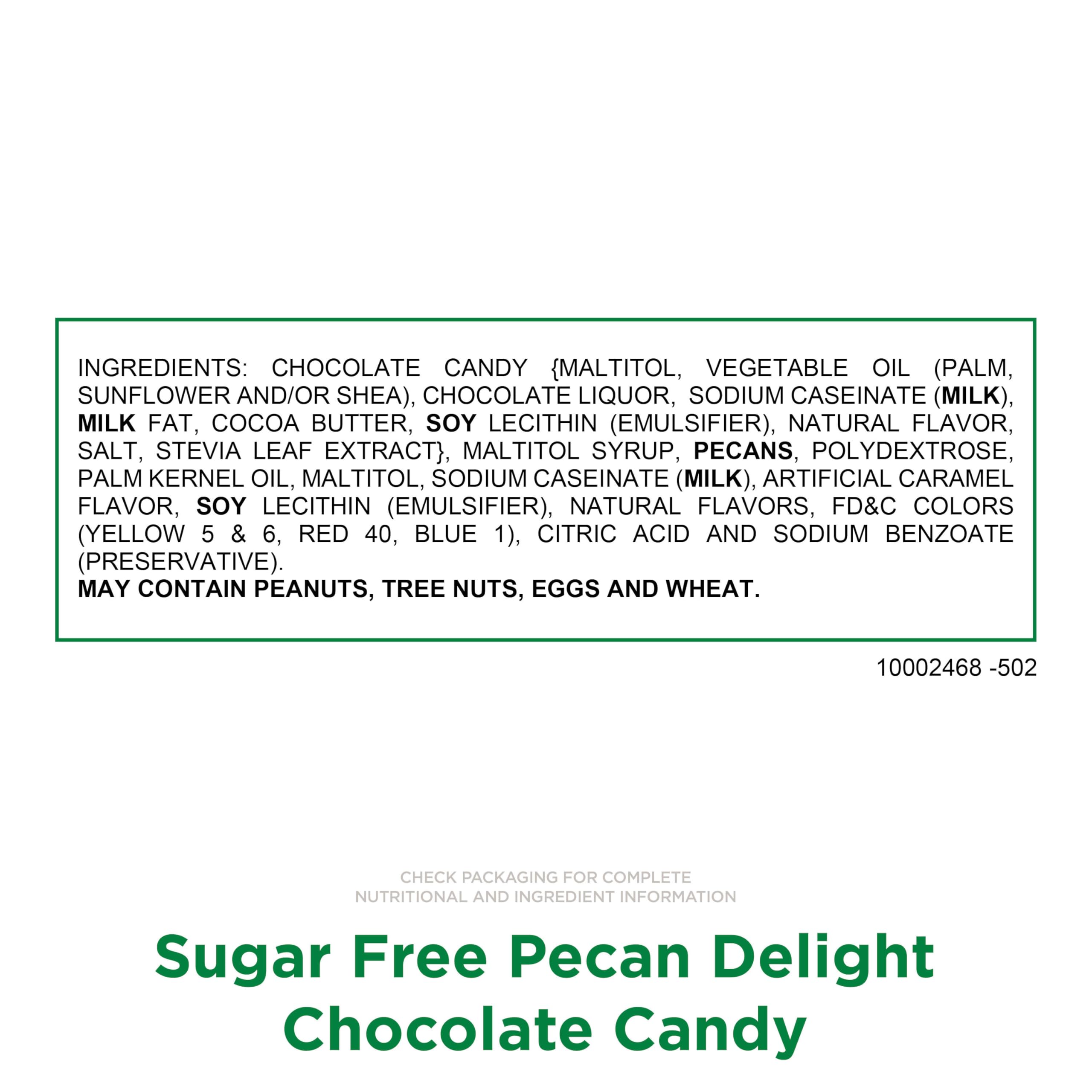 Russell Stover Pecan Delights chocolate coating with pecans and caramel close-up.