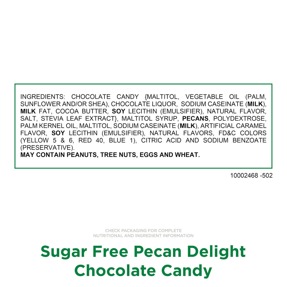 Russell Stover Pecan Delights chocolate coating with pecans and caramel close-up.
