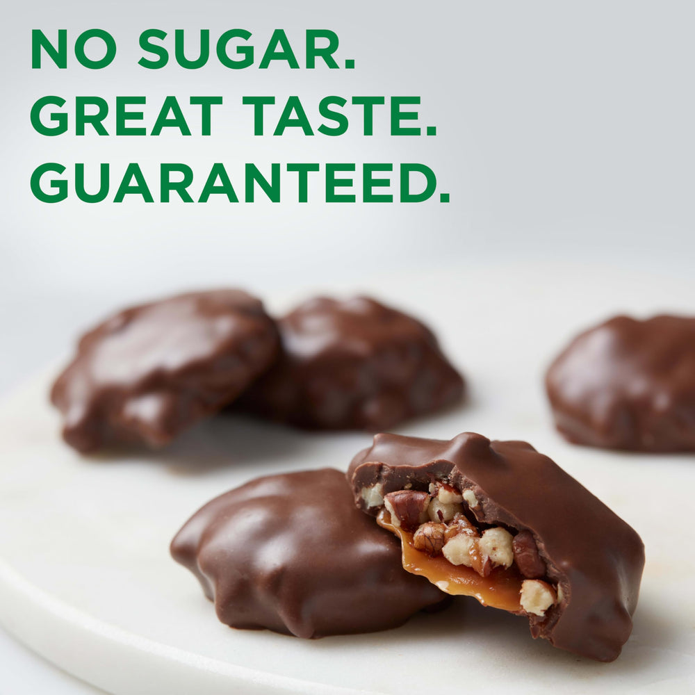 Russell Stover Pecan Delights close-up with golden caramel and crunchy pecans for flavor