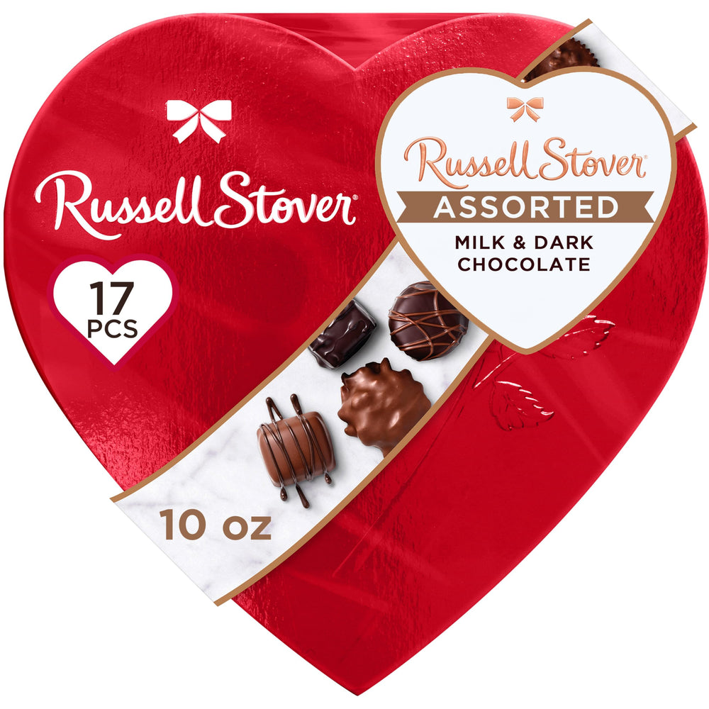Russell Stover red foil heart box front view for celebrations and gifting