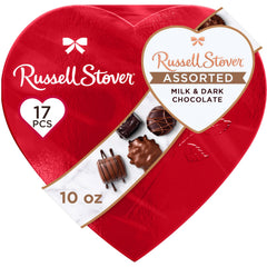 Russell Stover red foil heart box front view for celebrations and gifting