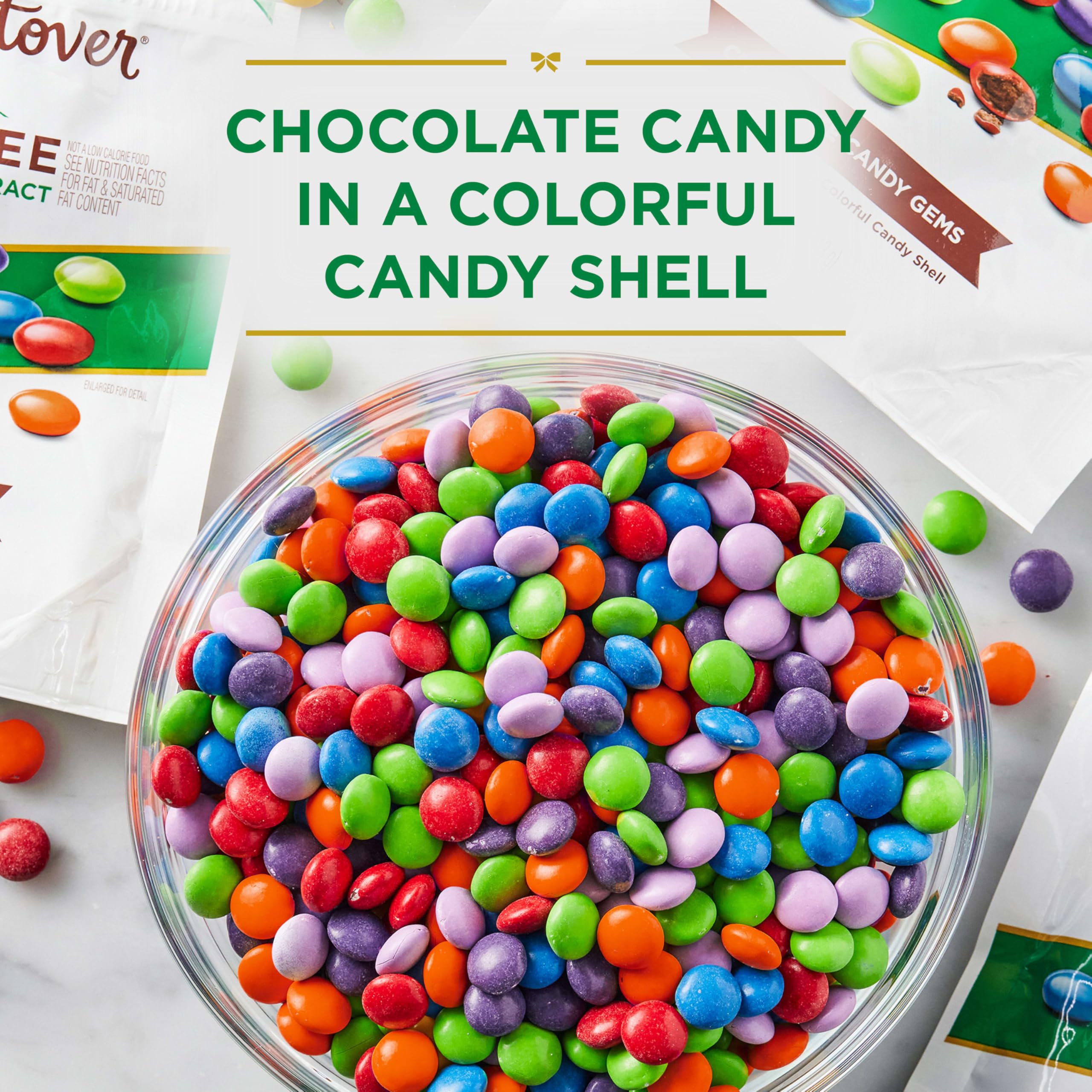Resealable pouch keeps Russell Stover candies fresh for on-the-go snacking.