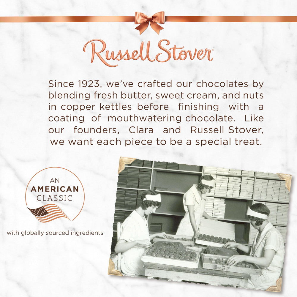 Russell Stover milk chocolate harmonizes with pecan and caramel