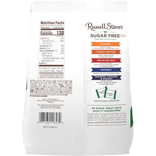 RUSSELL STOVER caramel piece, sugar-free, quick indulgence.