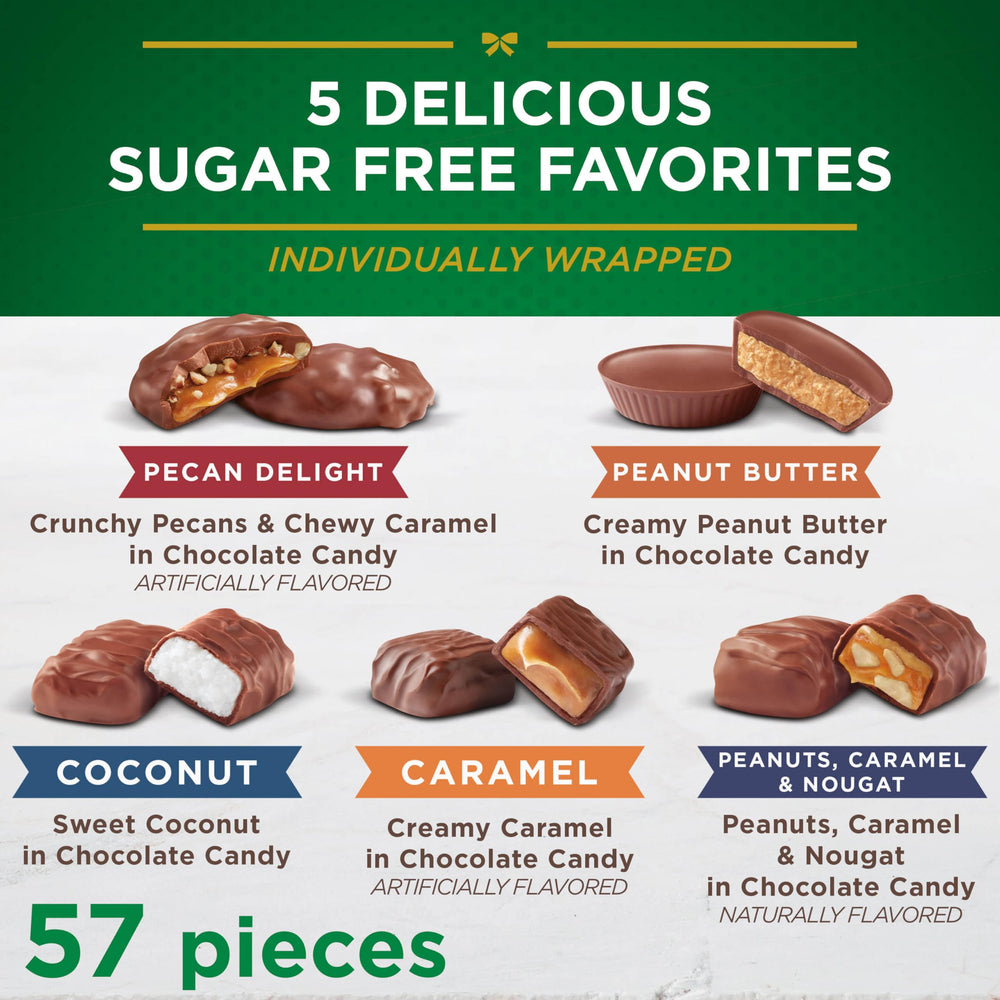 RUSSELL STOVER pecan delight, crunchy caramel, sugar-free option.