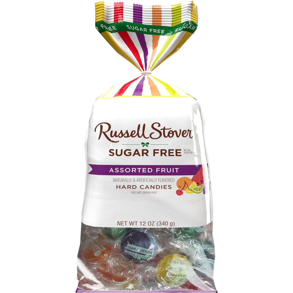 Russell Stover sugar-free assorted fruit hard candies bag front view for on-the-go enjoyment