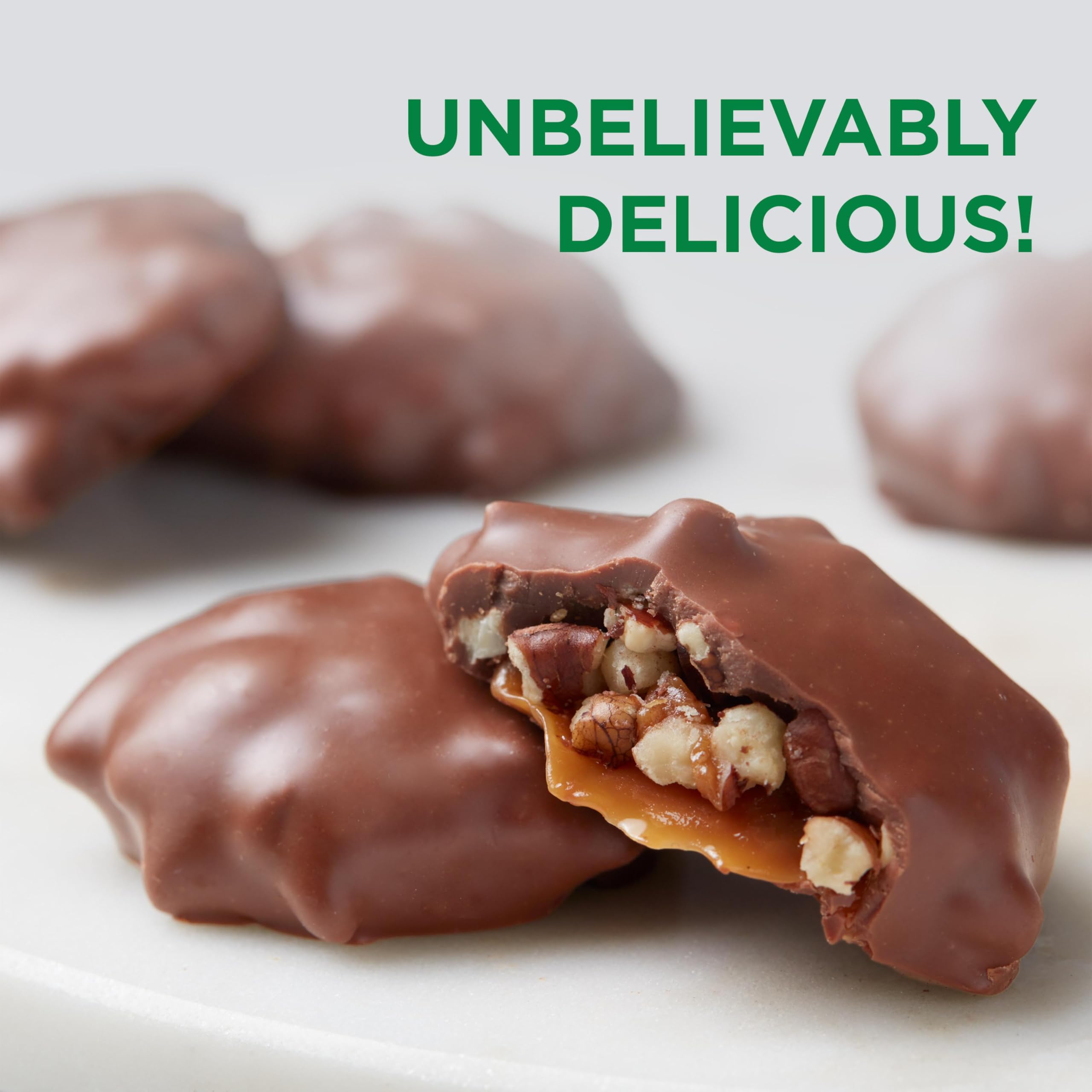 RUSSELL STOVER Pecan Delight piece, crunchy pecans and caramel in chocolate.
