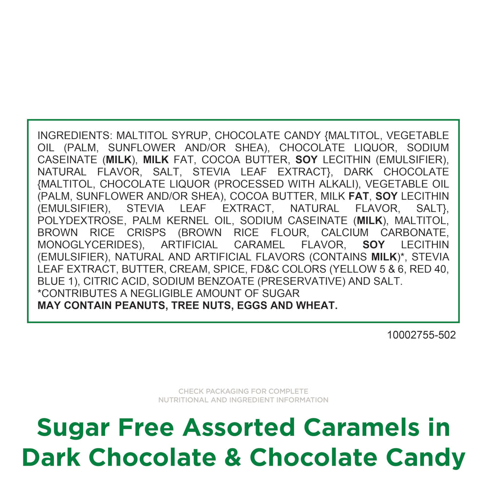 Russell Stover sugar-free caramels enrobed in chocolate, elegant gift-ready presence.