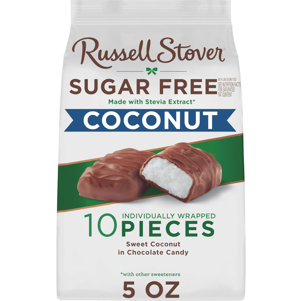 RUSSELL STOVER Sugar Free Coconut in Chocolate bag front, ready-to-enjoy treat