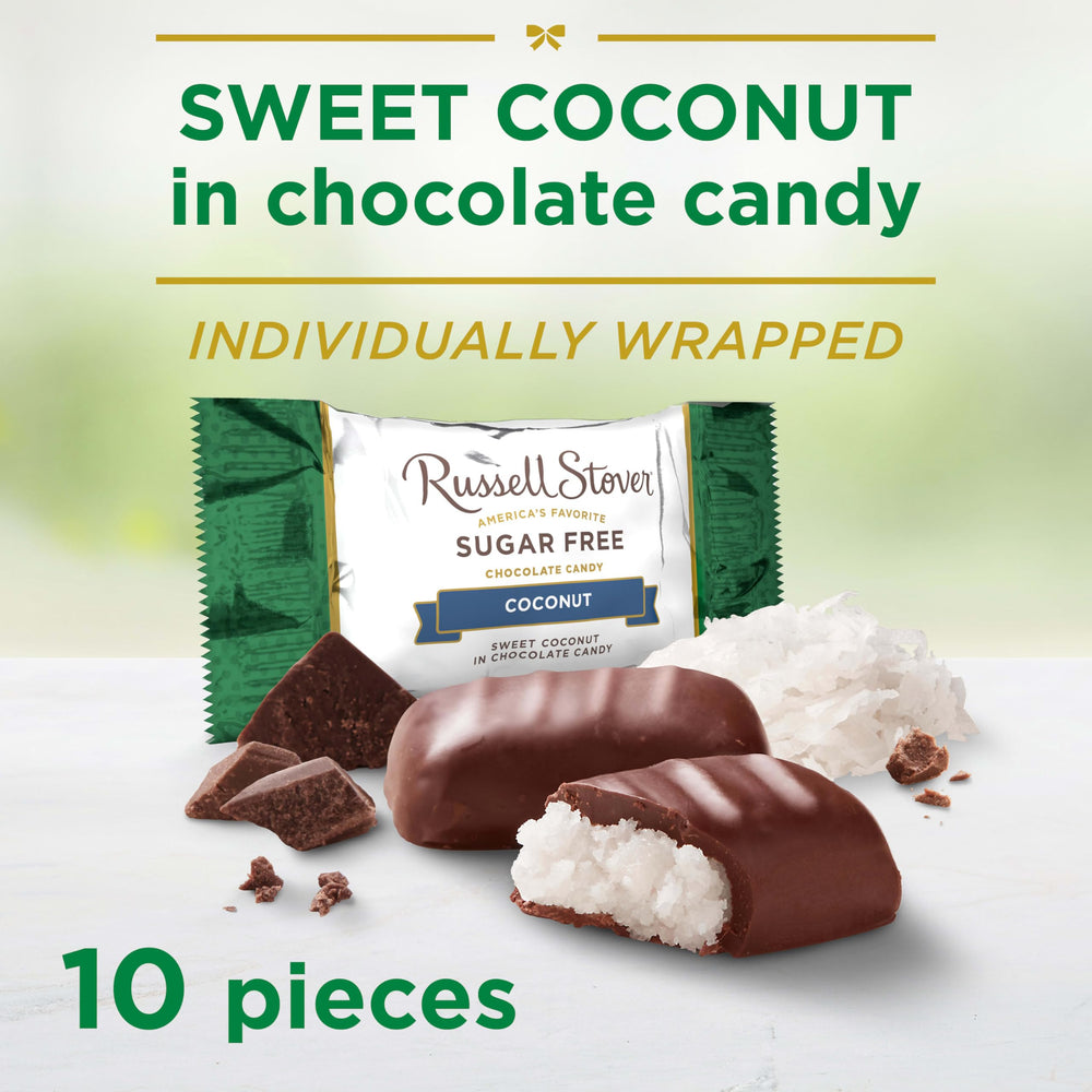 RUSSELL STOVER Sugar Free Coconut in Chocolate closeup, creamy coconut filling