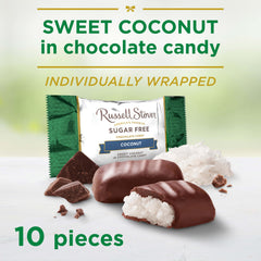 RUSSELL STOVER Sugar Free Coconut in Chocolate closeup, creamy coconut filling