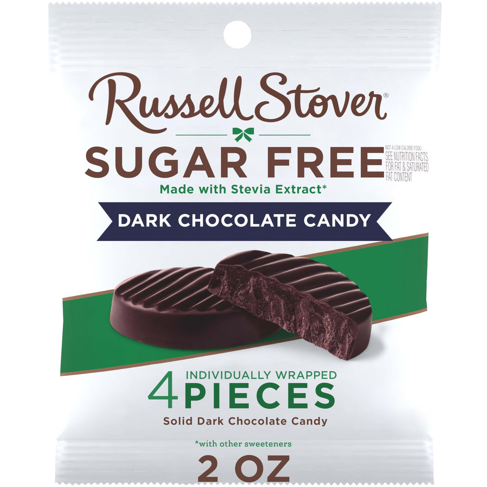 Russell Stover Sugar Free Dark Chocolate Medallions bag-front for on-the-go indulgence.