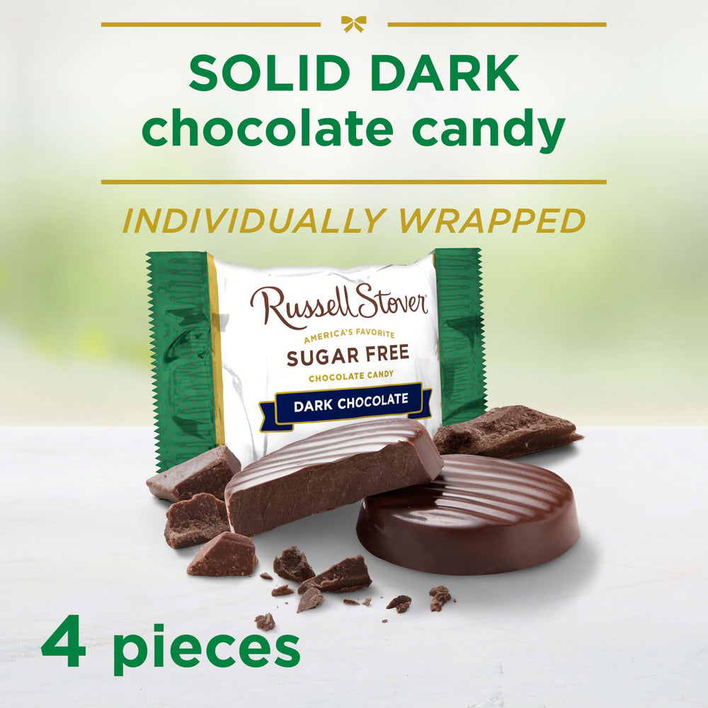 Open bag reveals four sugar-free dark chocolate medallions for sharing.