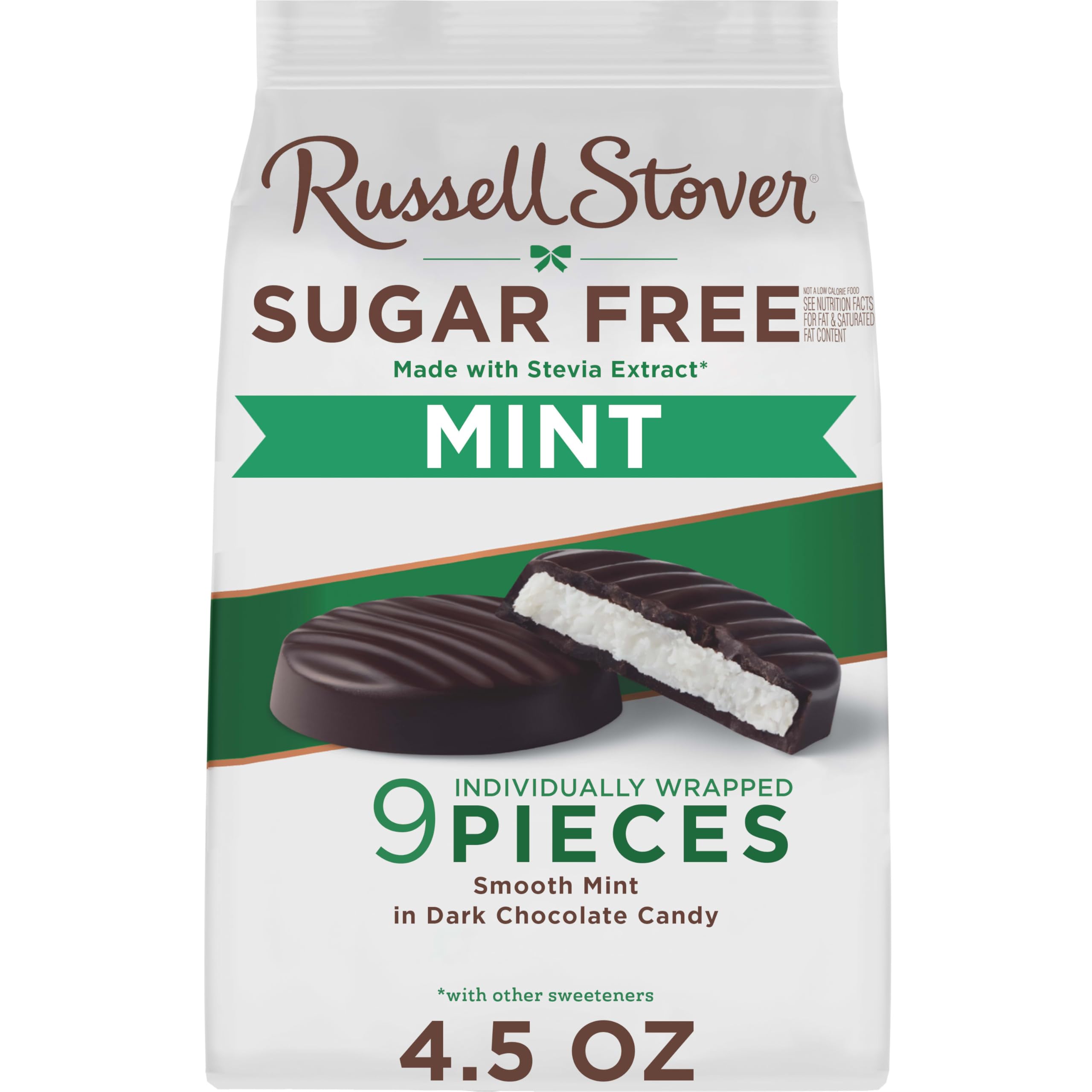Russell Stover mint patties pack front showcasing sugar-free option