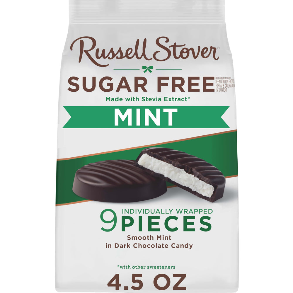 Russell Stover mint patties pack front showcasing sugar-free option
