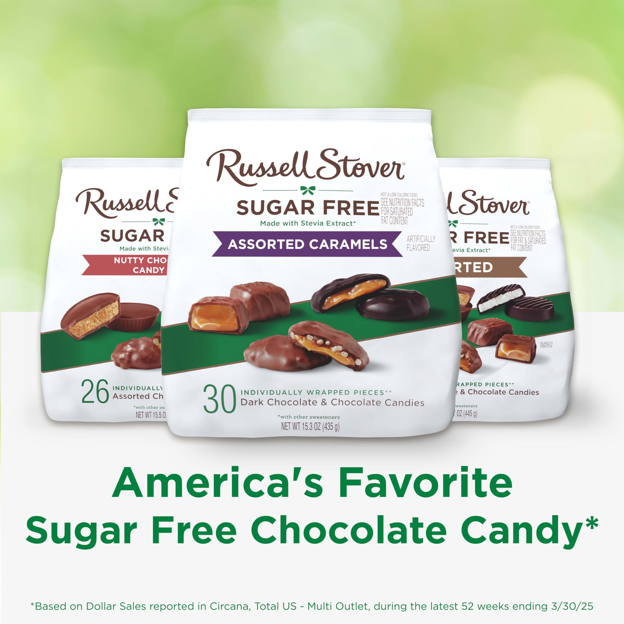 15.3 oz bag of Russell Stover sugar-free caramels, ideal for family snacking.