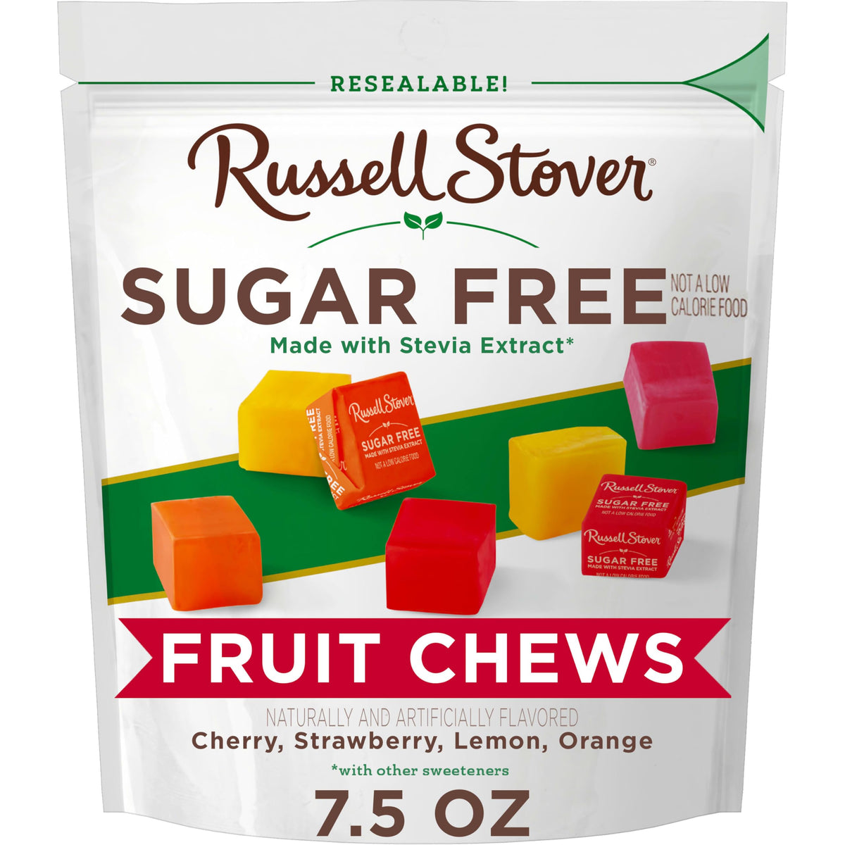 RUSSELL STOVER sugar-free fruit chews bag showing four flavors for guilt-free snacking