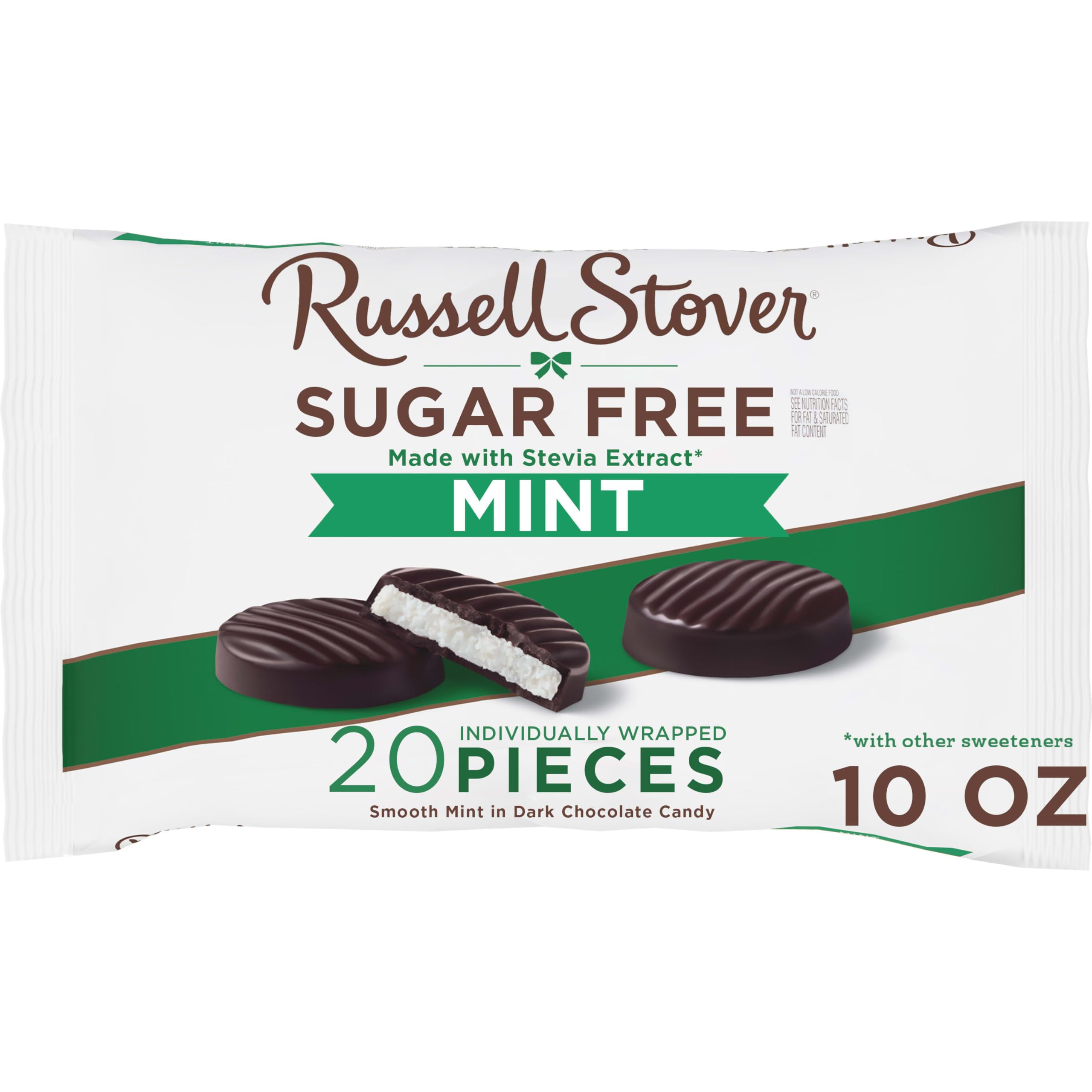 Russell Stover Sugar Free Mint Patties bag close-up showing mint cream under dark chocolate for snack-ready indulgence.