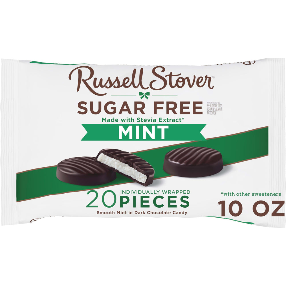 Russell Stover Sugar Free Mint Patties bag close-up showing mint cream under dark chocolate for snack-ready indulgence.