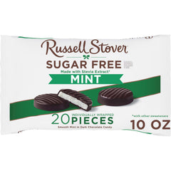 Russell Stover Sugar Free Mint Patties bag close-up showing mint cream under dark chocolate for snack-ready indulgence.