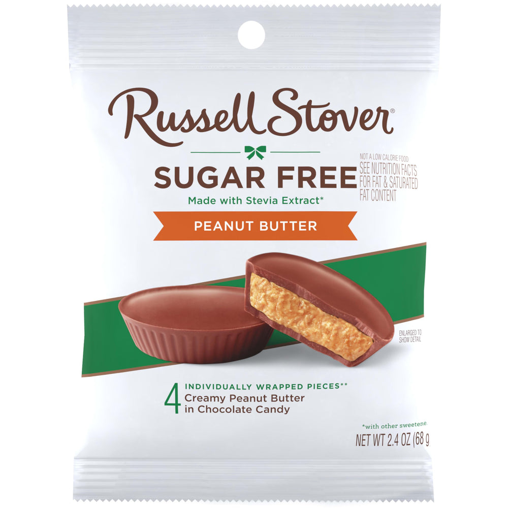 Stack of sugar-free Russell Stover cups in a pantry-ready display.