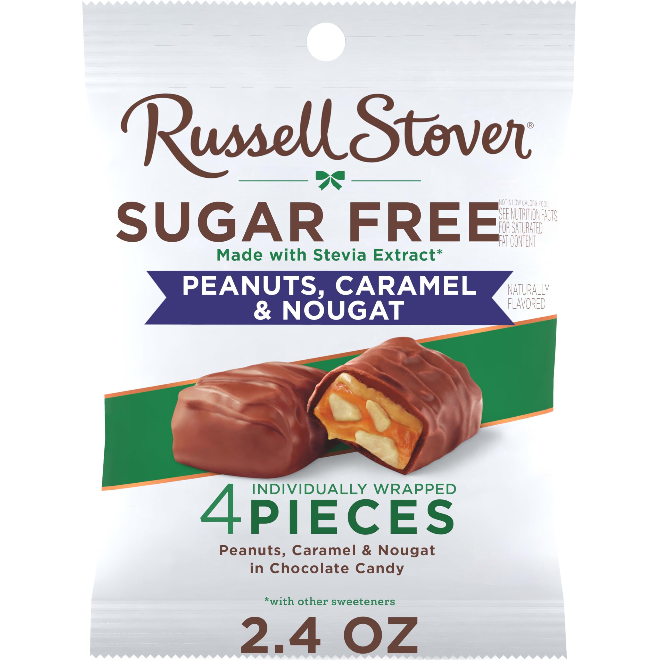 Russell Stover Sugar Free bag front showing peanut caramel nougat sweetness