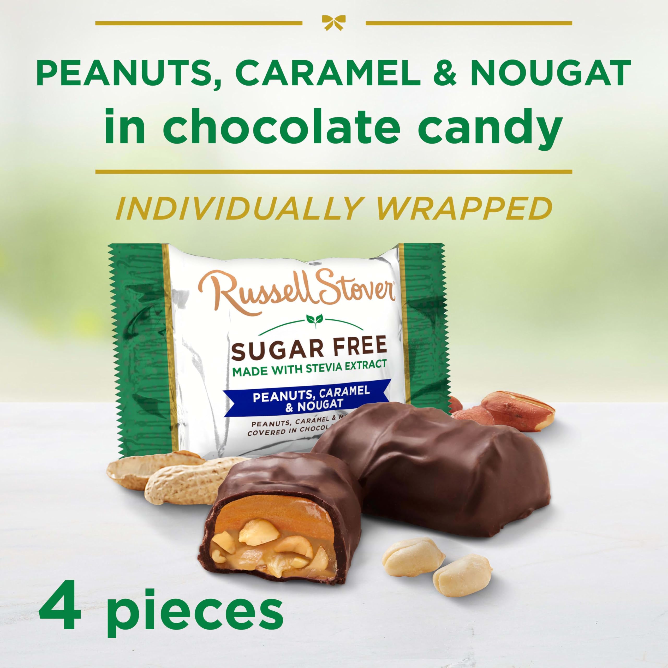 Russell Stover Sugar Free peanuts and caramel center visible in candy
