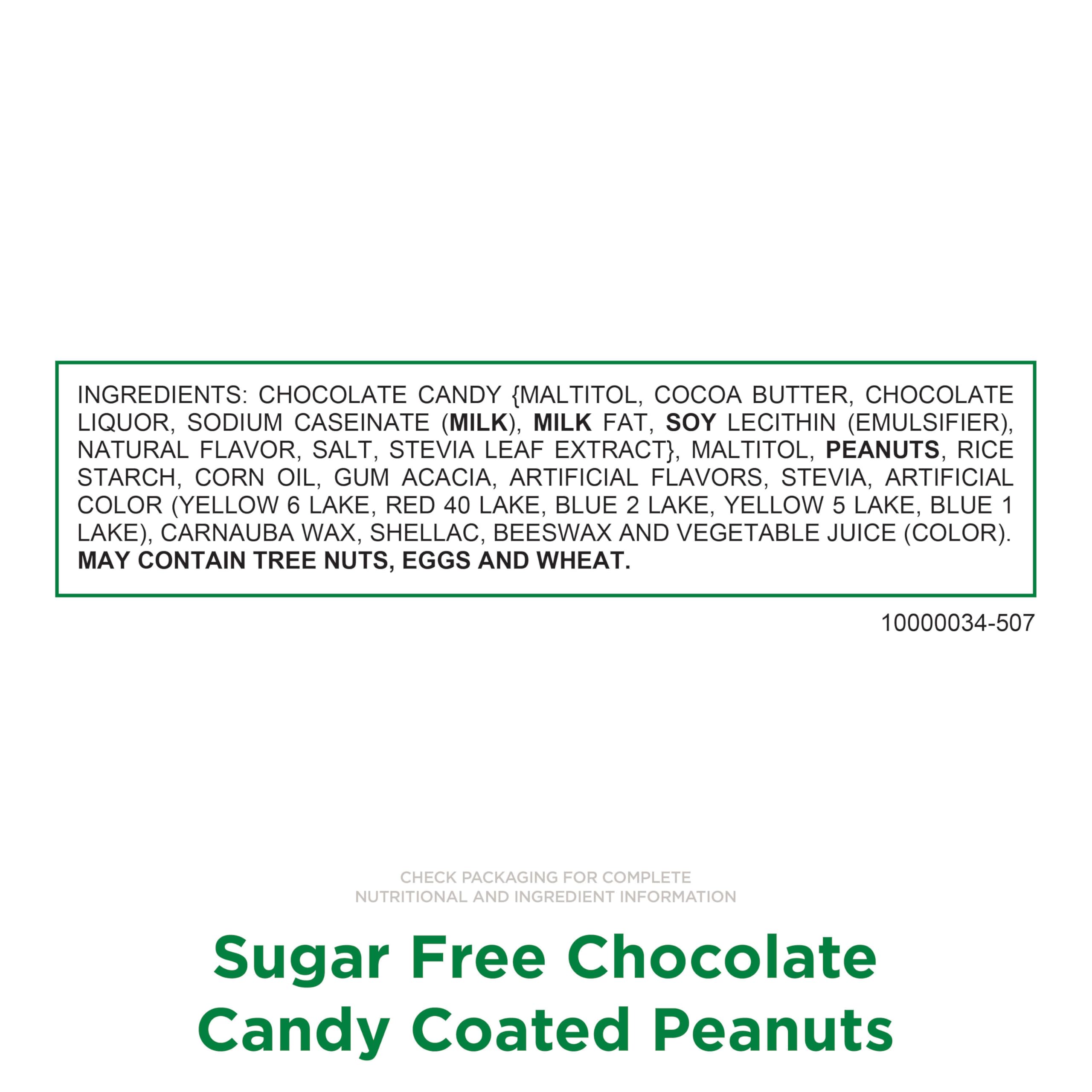 Chocolate candy shell with vibrant color on sugar-free peanut gems