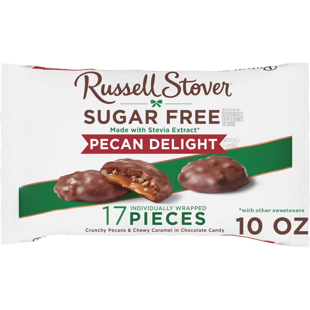 Russell Stover Sugar Free Pecan Delights 10oz bag showcasing a convenient, sugar-free chocolate treat.