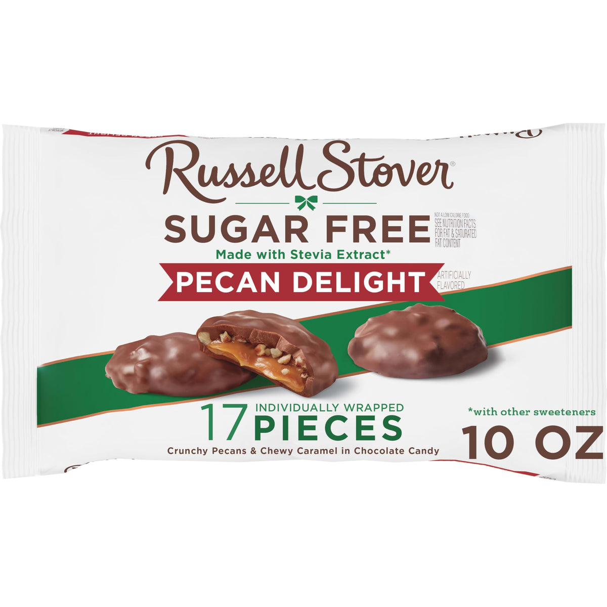 Russell Stover Sugar Free Pecan Delights 10oz bag showcasing a convenient, sugar-free chocolate treat.