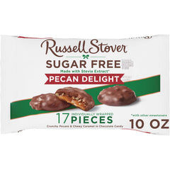 Russell Stover Sugar Free Pecan Delights 10oz bag showcasing a convenient, sugar-free chocolate treat.