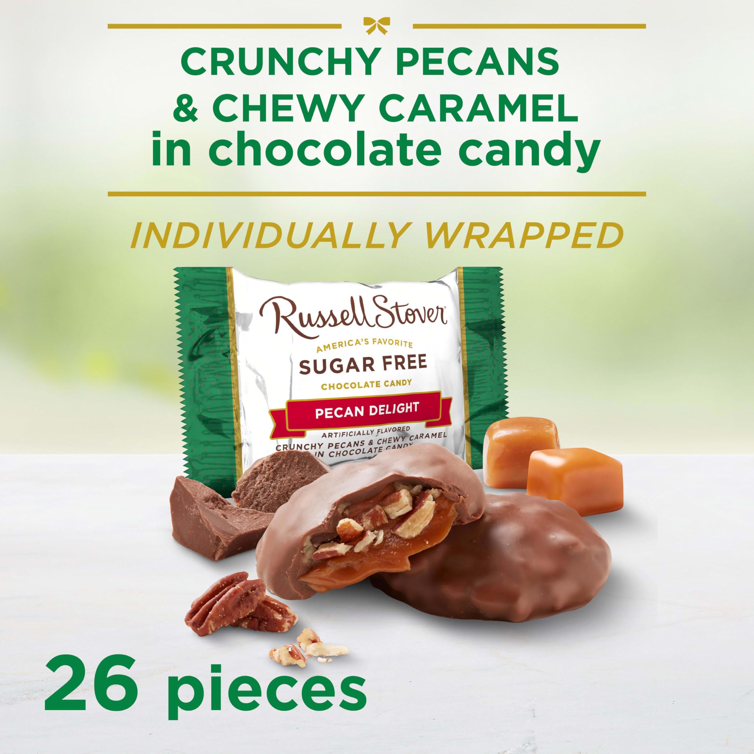 Russell Stover Sugar Free Pecan Delights back label highlighting Stevia.