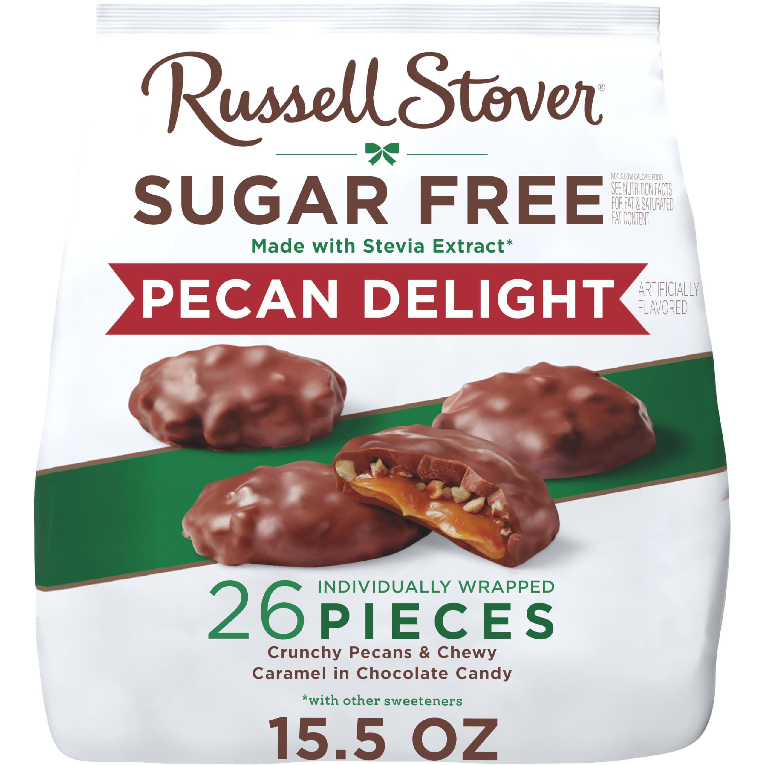 Russell Stover Sugar Free Pecan Delights bag front, portable sugar-free indulgence.