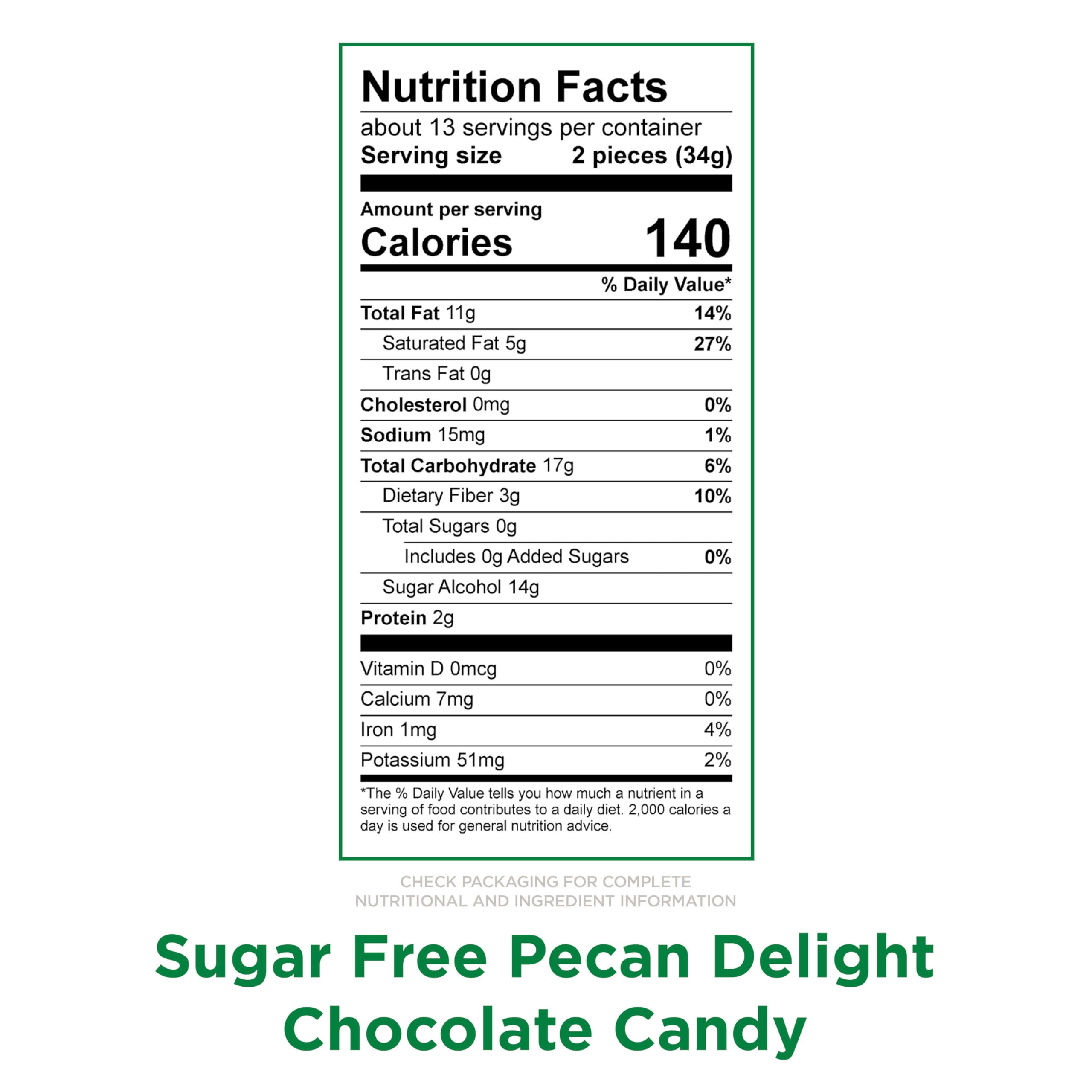 Russell Stover Sugar Free Pecan Delights close-up, chocolate-coated pecans and caramel.