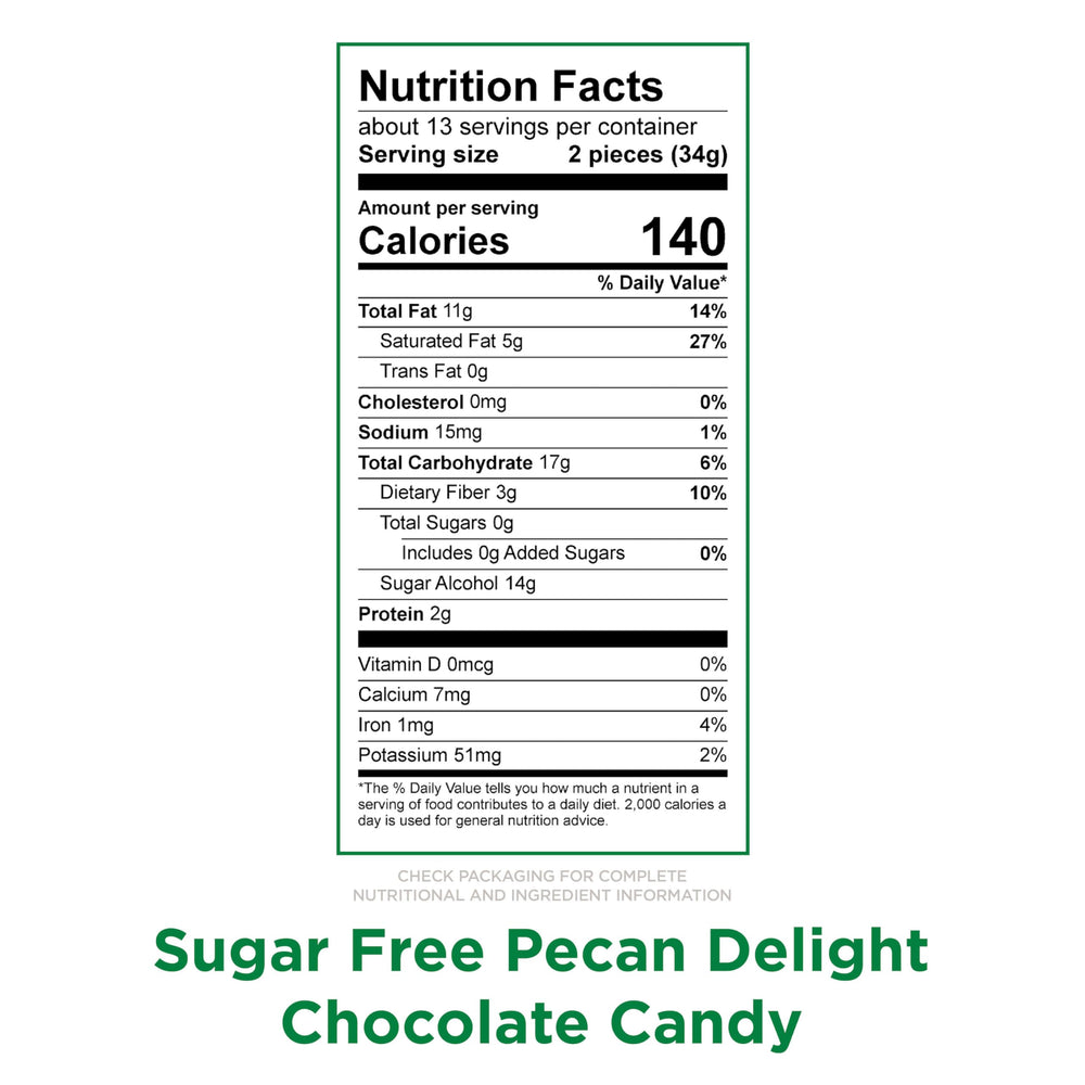 Russell Stover Sugar Free Pecan Delights close-up, chocolate-coated pecans and caramel.