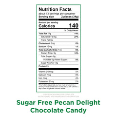 Russell Stover Sugar Free Pecan Delights close-up, chocolate-coated pecans and caramel.