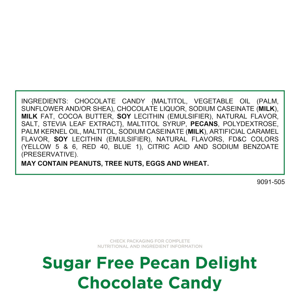 Russell Stover Sugar Free Pecan Delights chocolate coating surrounds chewy caramel for indulgence.