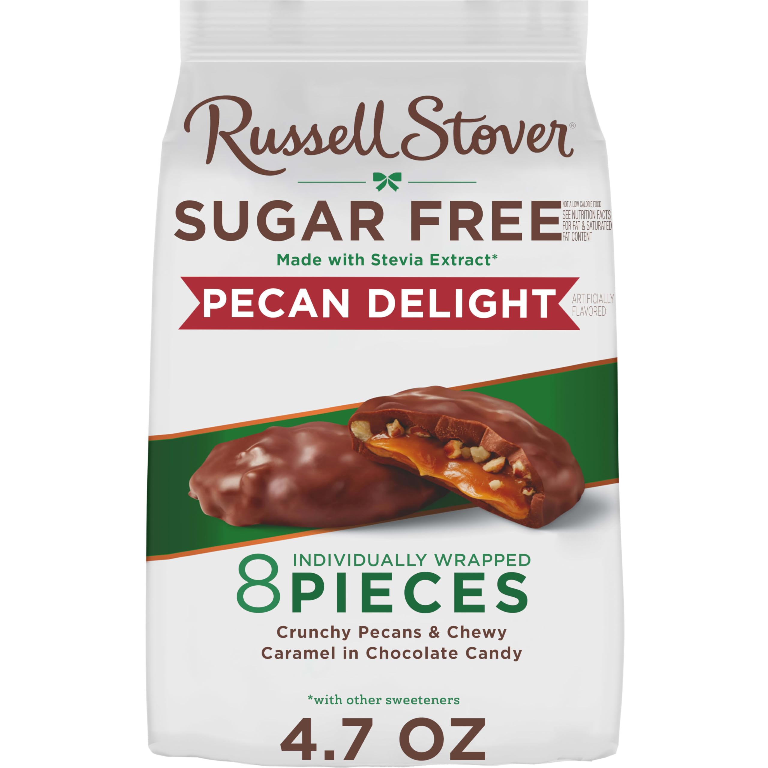 Russell Stover Sugar Free Pecan Delights chocolate coating close-up for a guilt-free indulgence