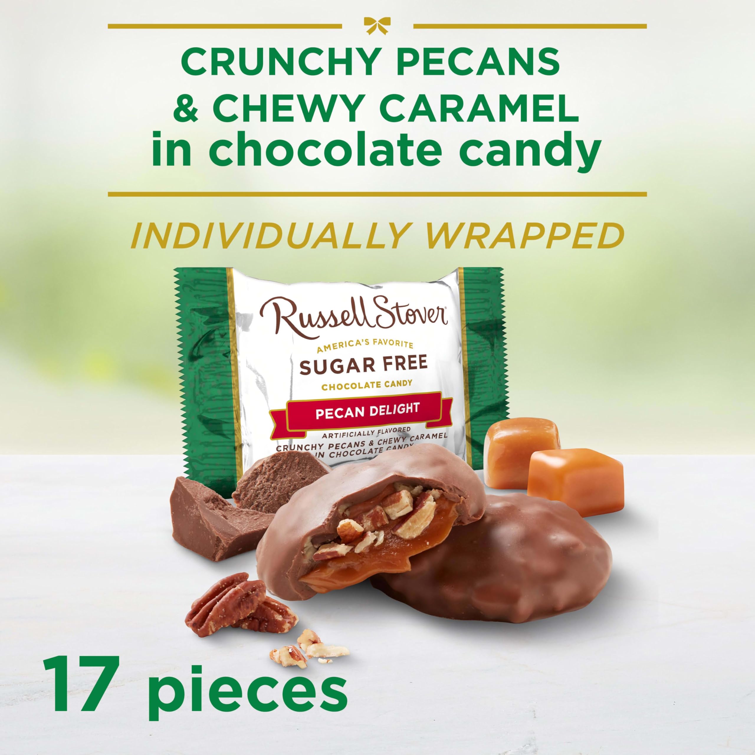 Russell Stover Sugar Free Pecan Delights chocolate coat over pecans and caramel highlight texture.