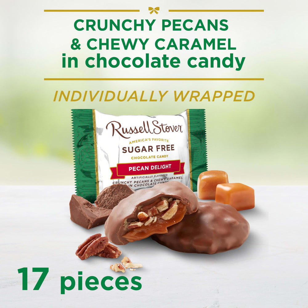 Russell Stover Sugar Free Pecan Delights chocolate coat over pecans and caramel highlight texture.