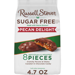 Russell Stover Sugar Free Pecan Delights chocolate coating close-up for a guilt-free indulgence