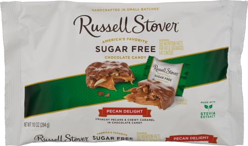 Russell Stover Sugar Free Pecan Delights closeup reveals glossy chocolate with pecans.