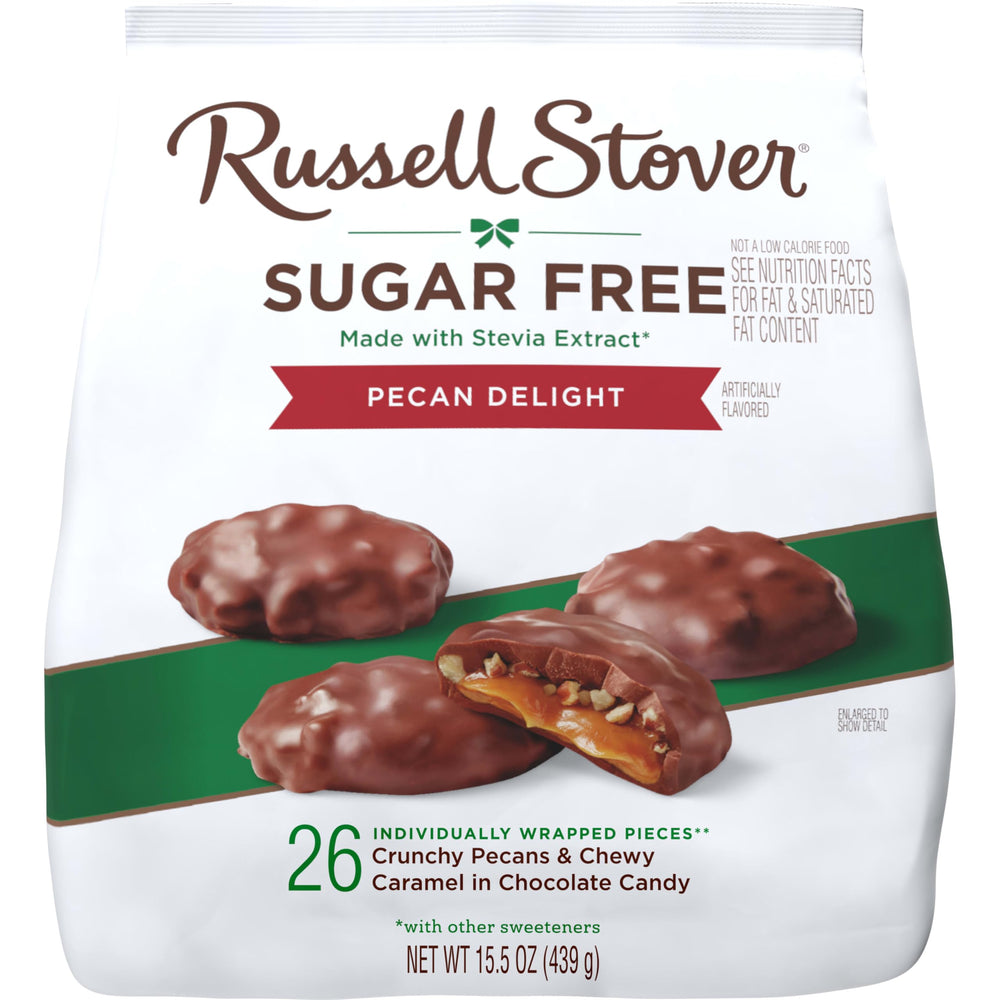 Russell Stover Sugar Free Pecan Delights gift-ready box beside bowl.