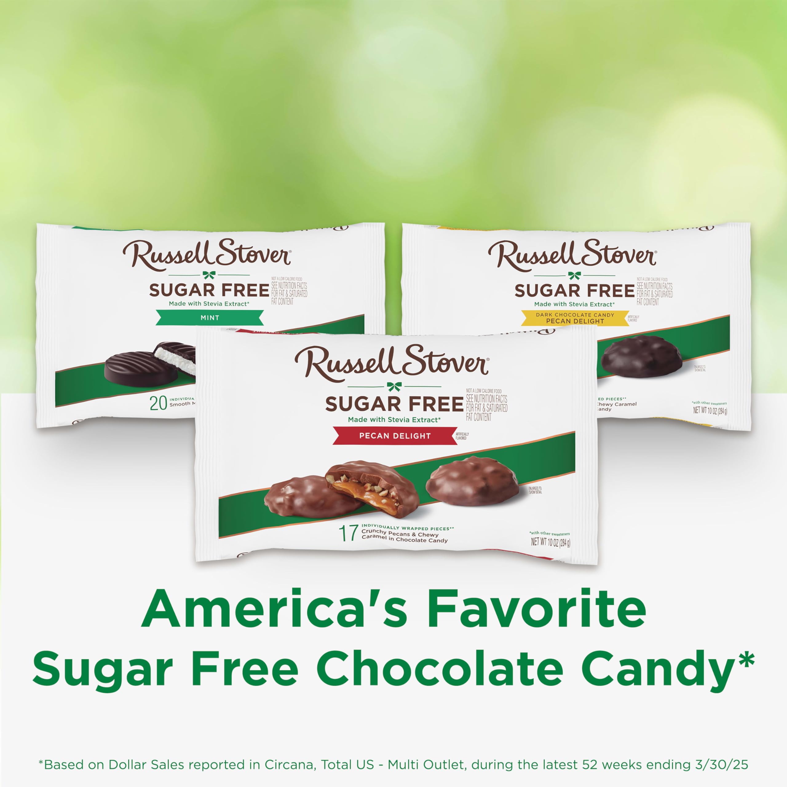 Russell Stover Sugar Free Pecan Delights individually wrapped pieces preserve freshness.