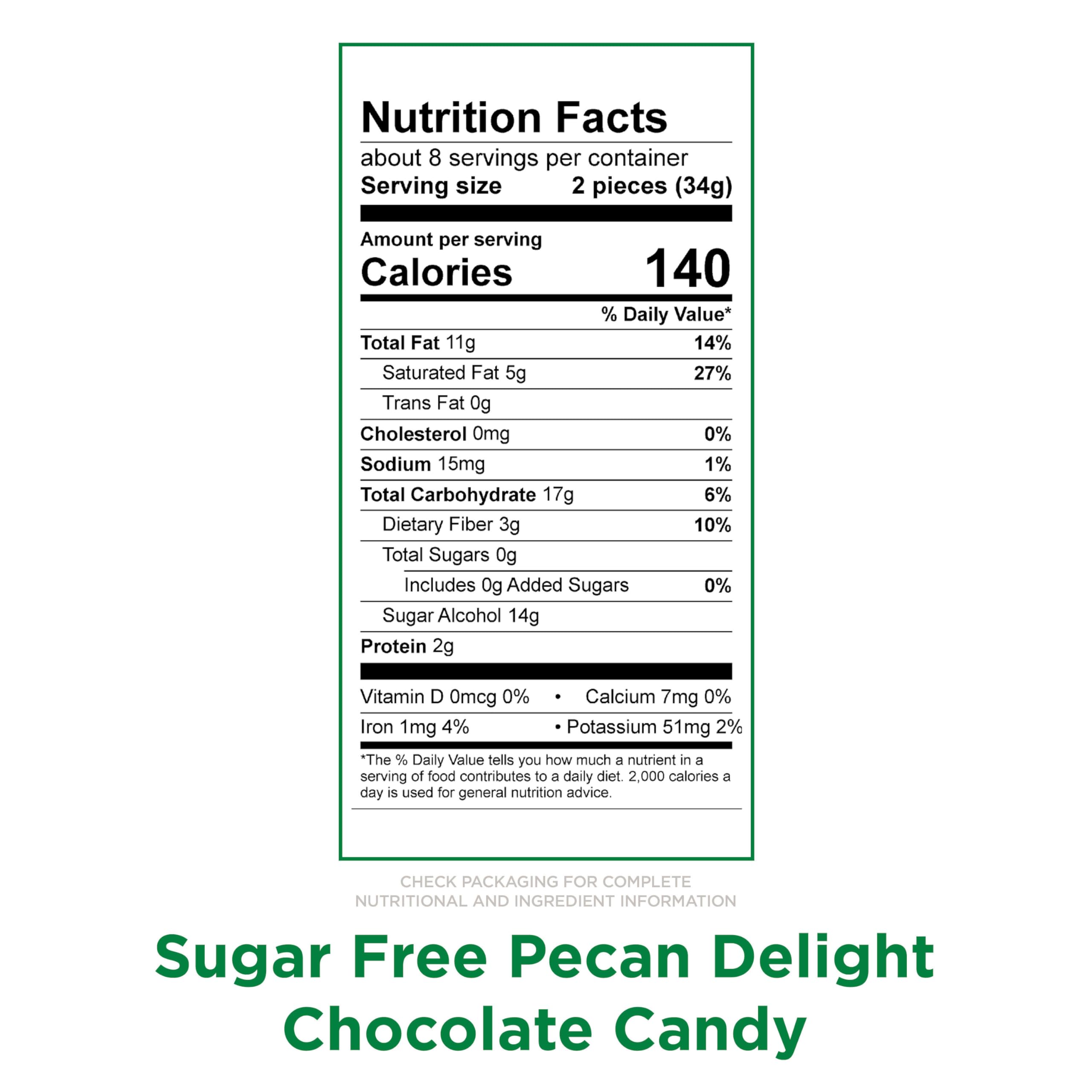 Russell Stover Sugar Free Pecan Delights pecan-crunch piece with caramel center appeals to snack lovers.